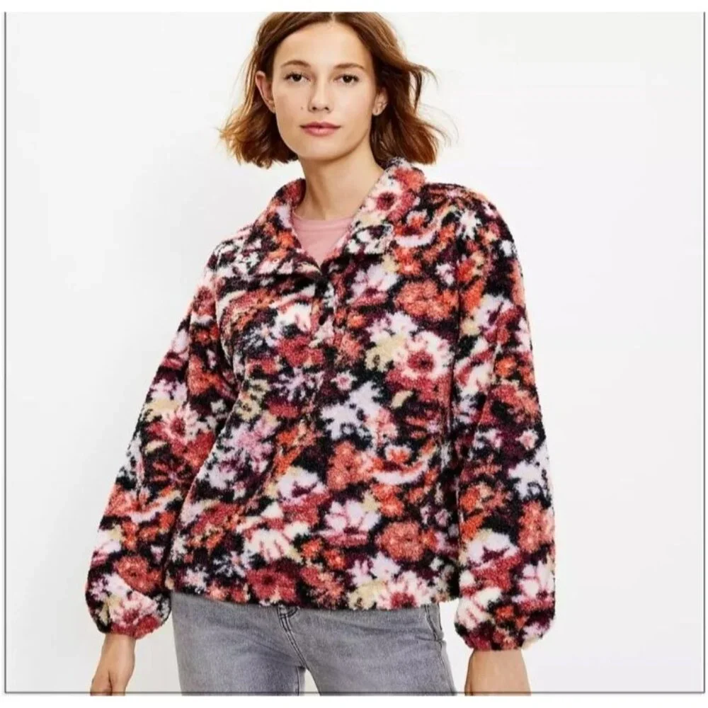 Loft Womens Size S Floral Fleece Jacket Multicolor Snap Closure Size Small - Picture 3 of 9